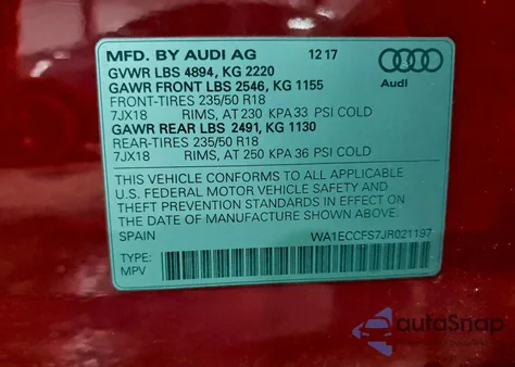2018 Audi Q3 Premium из США, поврежденный, VIN WA1ECCFS7JR021197